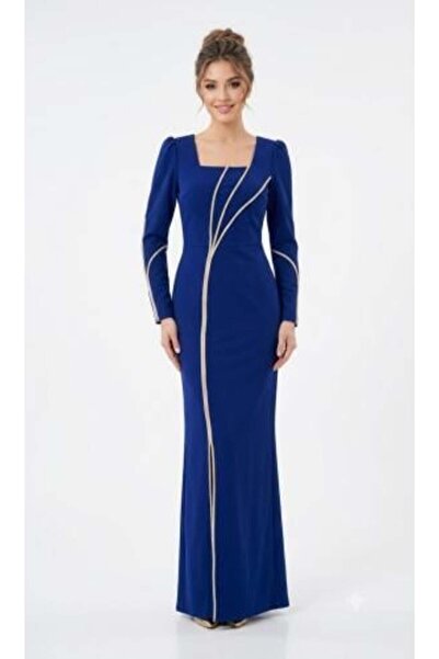 unbranded Women's Royal Blue Long Sleeve Maxi Evening Dress with Gold Trim De...