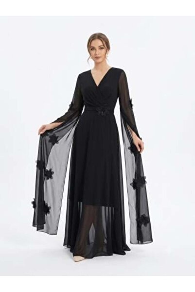 unbranded Women's Black Chiffon Maxi Evening Dress with Floral Appliqué Cape ...