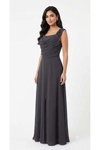 1111112 Women's Charcoal Grey Draped Maxi Evening Dress with Cowl Neck & Slee...
