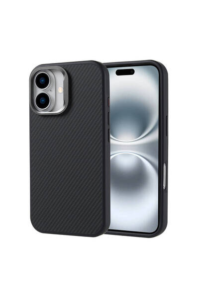 zore iPhone 16 Case Magsafe Carbon Fiber Look Metal Camera Raised Silicone Senk