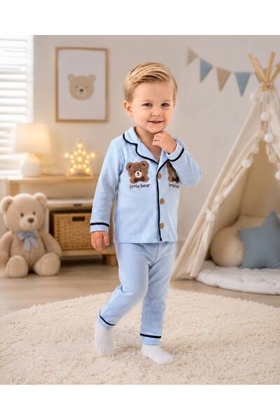 derin baby %100 Pamuk Uzun Kollu Düğmeli Mevsimlik Little Bear Desenli Yumuşa...