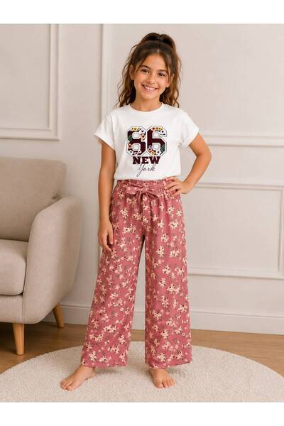 Yağmur Giyim Minijon Patterned Wrinkled Trousers Short Sleeve Girls' Set 4-12...