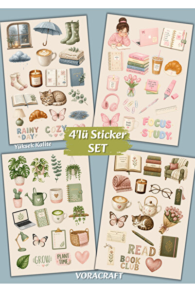 VORACRAFT 4'lü Cozy Planner Sticker Set Ajanda Bullet Journal Planlayıcı Scra...
