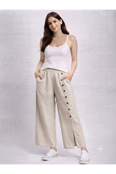 AYASOFYA OTANTIK Women's Italian Beige Elastic Waist Plain Pattern Button Det...