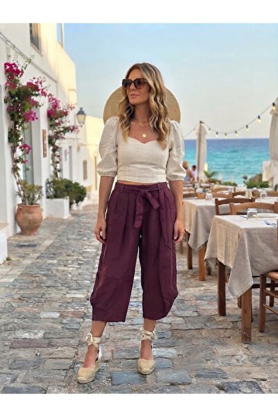 AYASOFYA OTANTIK Women's Italian Plum Waist Elastic Belt Detailed 100% Linen ...