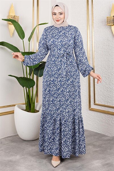 Mestore Floral Patterned Hijab Dress Saks Blue