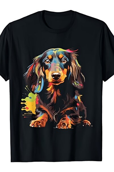 LİNA06 Retro Puppy T-Shirt Long Hair Lover Gift, Vibrant Dachshund Print, All...