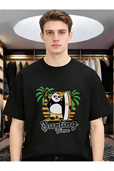 En22 Surfing Time Panda Retro Cool Funny Unique Casual Men Tees Round Neck Sh...