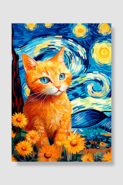 Luna Marissa Van Gogh poster, narandžasta mačka sa suncokretima, zvezdana noć...