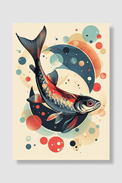 Luna Marissa Fish Poster Retro Geometric Fish Navy Blue Red Beige Wall Decor ...