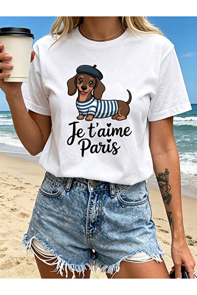 12 HERTZ تي شيرت نسائي برقبة دائرية من I Love Paris French Dachshund، مطبوع ع...