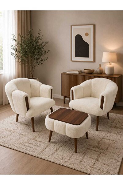 DEKOZUM VERA Comfort Çay Seti Ve Peluş Ikili Berjer & Puf Takımı - 3'lü Set B...