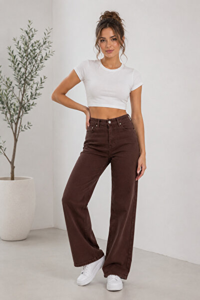 WODDİ Nova Women's High Waist Brown Loose Jeans Wide Leg Palazzo Denim Trousers
