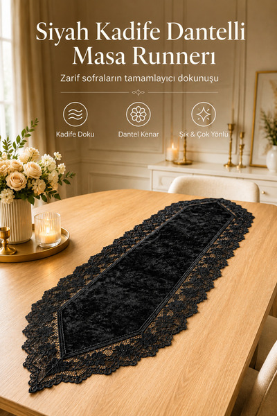 Fabrix Home Black Velvet Lace Detailed Runner Tablecloth Stylish Decorative L...