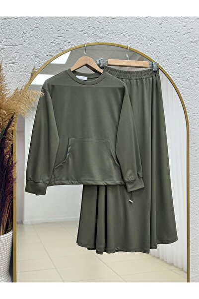 MİHRA STORE طقم تونيك داريانا كانغرو مع جيوب وتنورة ضيقة. MF1887-NL678 كاكي