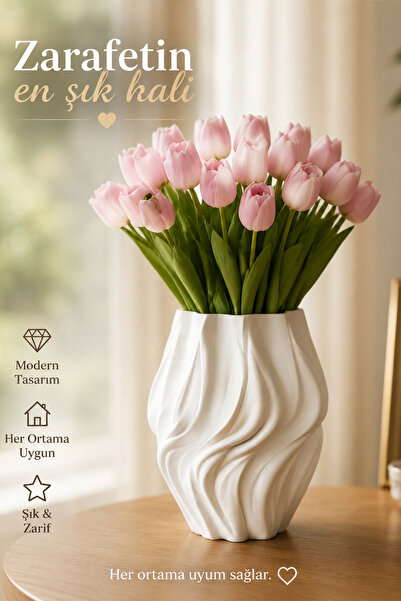 İBERİALHOME Modern Dekoratif Dalgalı Vazo | Beyaz Çiçek Vazosu | Şık Salon Va...