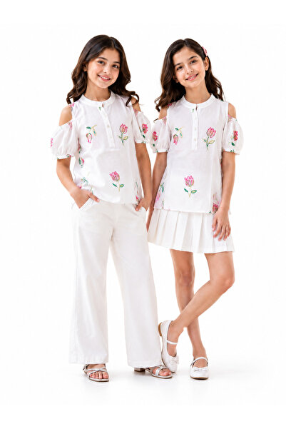MADE Girls' Floral Embroidered Off-Shoulder Blouse with Puff Sleeves
