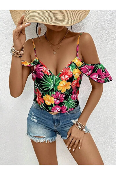 stelol Women's Strappy Off-The-Shoulder Floral Printed Blouse