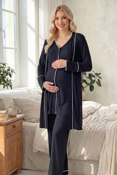 Rimel Homewear طقم بيجامة للحوامل باللون الأسود - طقم من 3 قطع من القطن بأزرا...