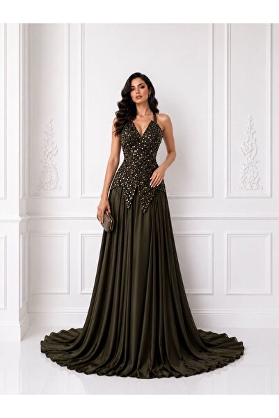 ranin Dark Olive Luxury Evening Dress with Cape Collar and Beaded Embroidery ...