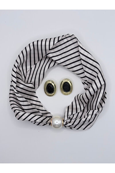 MAREM Satin Scarf Necklace and Earring Set with Magnet Pearl Detail 44 cm Wom...