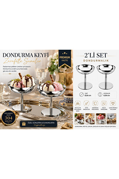 Turkco Silver Stainless Steel Footed Ice Cream Bowl Sweet Delight and Fruit P...