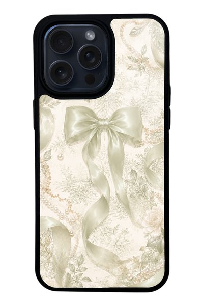 Spoyi iPhone 15 Pro Max Glossy Phone Case with Ivory Pearl Bow Design