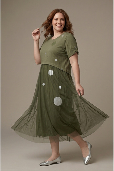 MAXLEVEL MODA Tulle-Detail Sleeves with Apollets Plus Size Women's Dress