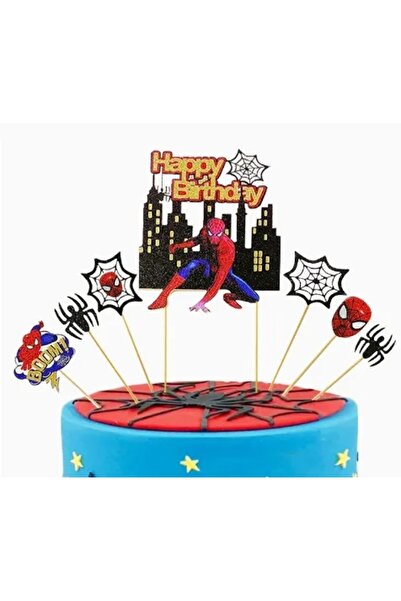 Baloane Vesele Set 7 Toppere Tort Spiderman cu Decor Oras si Mesaj Happy Birt...