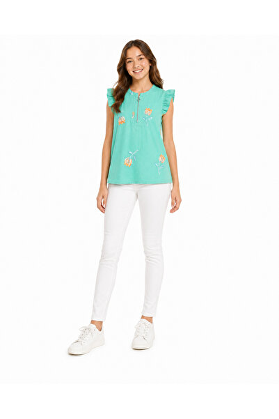 Generic Girl's Mint Green Dress with Orange Flower Pattern 14 Years Old