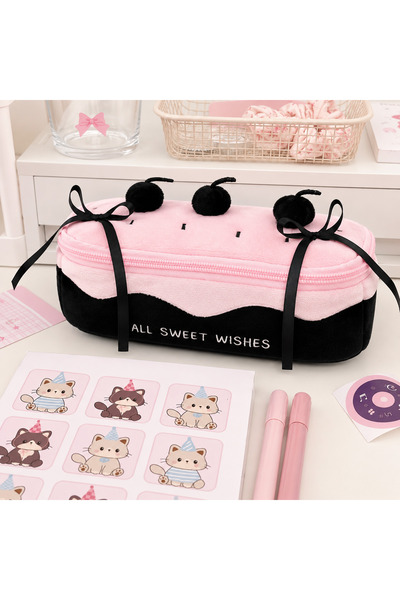 Kawaii Cherry Cake Pasta Pen Holder Black-Pink