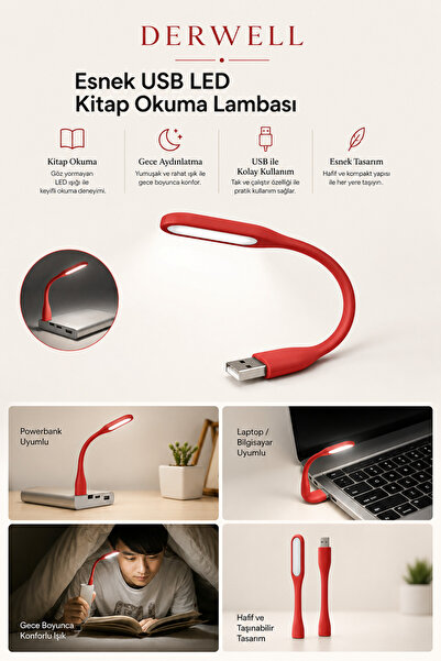 Derwell Esnek USB LED Kitap Okuma Lambası Taşınabilir Mini Masa Üstü Gece Lam...