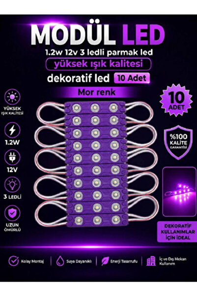 Genel Markalar 10 Adet 12v Mor Modül Led -Mor Işık 12V Mercekli Dekoratif Şer...