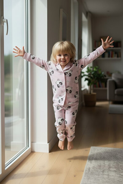 pistyle Girls' Panda Patterned Striped Pajama Set - Long Sleeve Buttoned Paja...