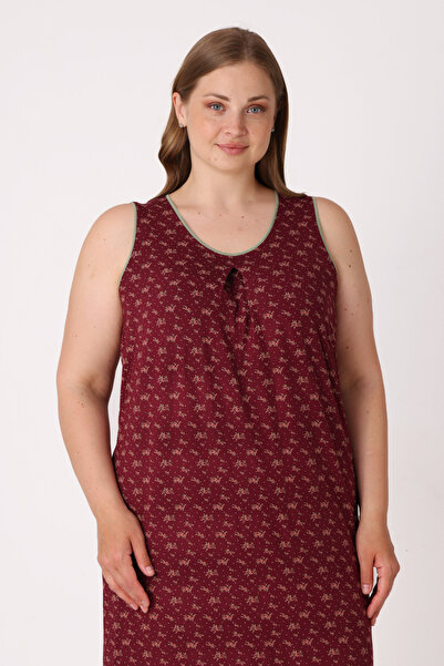 İntensive Women's Plus Size Burgundy Patterned Sleeveless Lycra Nightgown