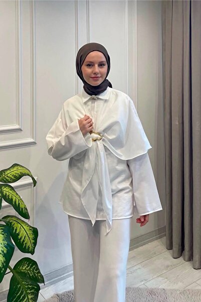 HİFADEN Kadın Drapeli Tokalı Panço Detaylı Oversize Uzun Kollu Tesettür Gömle...