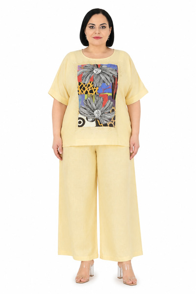 DARKWIN Plus Size Crew Neck Floral Printed Stoned Wide Leg Loose Cut Women's Set