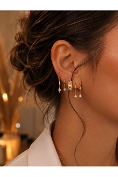 ENORİA ACCESSORİES Gold Çoklu Küpe Seti – 5’li Çelik Küpe Kombini
