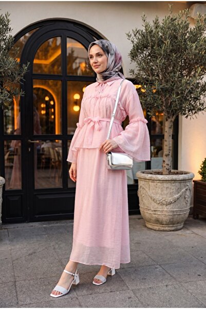 Modamorfo Tulle Voile Dress with Tie Collar, Ruffle Detail, Lining, and Belt ...