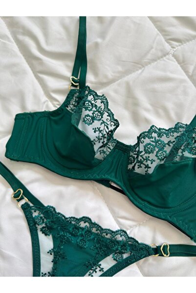 SUNDORA Iris Siyah-Kırmızı-Yeşil Dantel Sütyen Tanga Takım Transparan Seksi İ...