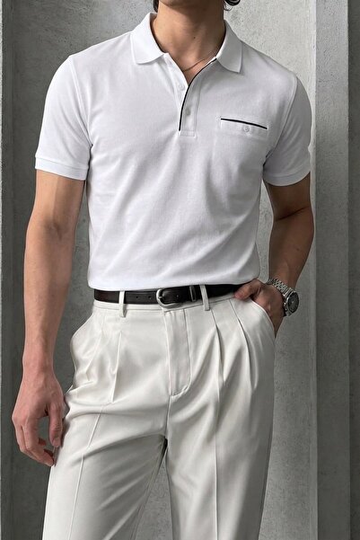 Maccali Tricou polo alb, cu buzunare, croială normală, pentru bărbați