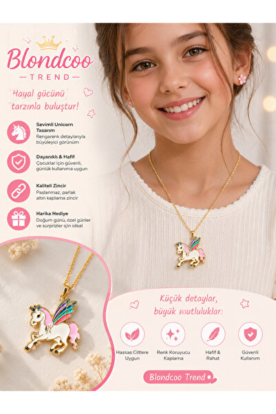 Blondcoo Trend Unicorn Kanatlı Kız Çocuk Renkli Mineli Gold Zincir Çelik Kolye