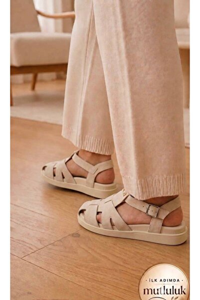 BY İMİS SHOES Beige Polyurethane Flexible Sole Gladiator Closed Front Sandals