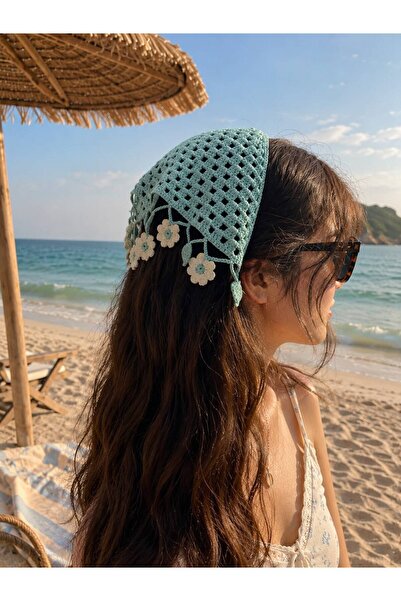 Duples Handmade Floral Patterned Women's Mesh Knitted Bandana Summer Hollow O...