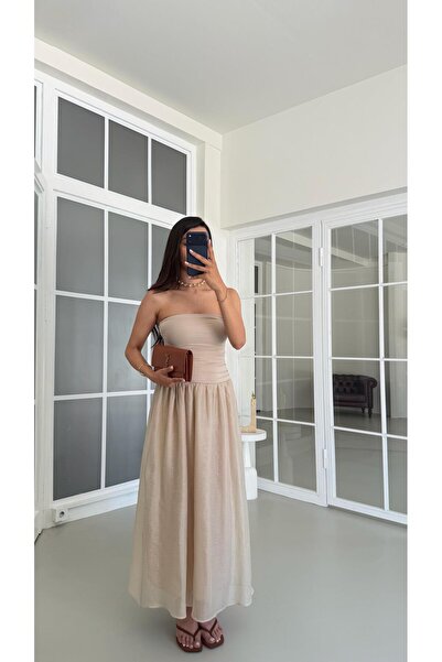 GAUS CO Bej Straplez Astarlı Elbise GAUS-01709
