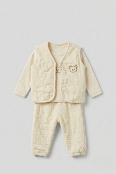 lilico Unisex Baby Ecru Teddy Bear Vest 3-Piece Top and Bottom Sweatshirt Com...