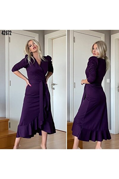 Livizmir Moda    فستان طويل بحزام متوسط ​​الطول من قماش الكريب