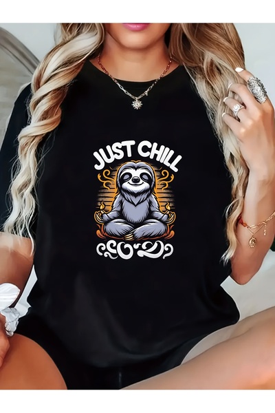 En22 تي شيرت نسائي بتصميم كسلان مضحك، تصميم Just Chill Meditation، أسود، قصة ...