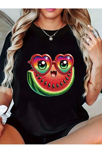 212Wear تي شيرت نسائي لطيف بتصميم وجه البطيخ - قميص كاجوال برقبة مستديرة وأكم...