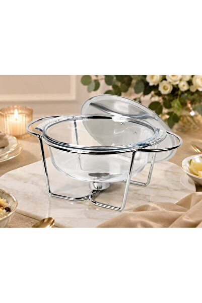 HOMEVEO 3.75L Round Buffet Server Glass Top Chafing Dish with Stainless Steel...